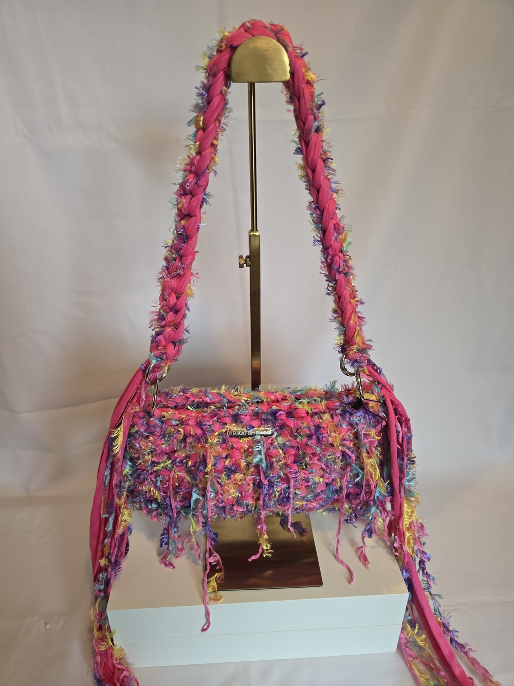 Hand Crafted Crochet Pink Multicolor Fringe Shoulder Bag